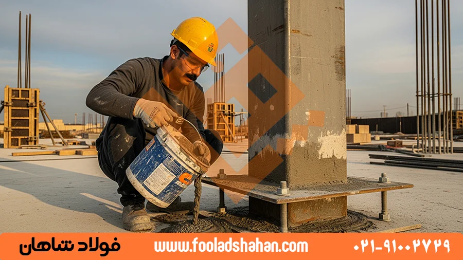 کارگر در حال ریختن ملات گروت زیر صفحه ستون.