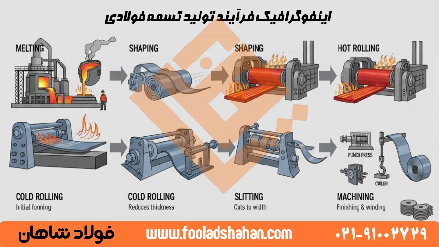 اینفوگرافیک فرآیند تولید تسمه فولادی از مرحله ذوب تا نورد گرم، نورد سرد و ماشین‌کاری.