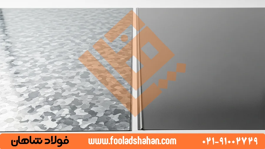 ورق گالوانیزه چیست؟جامعترین راهنمای 1404 برای مشخصات، انواع و کاربردها 3 مقایسه سطح ورق گالوانیزه گرم با گلهای درشت و ورق الکتروگالوانیزه با سطح صاف