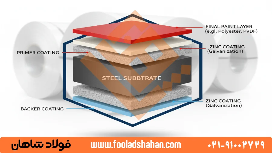 ورق رنگی چیست؟ راهنمای جامع از تولید تا کاربرد در صنعت 1 دیاگرام لایههای مختلف تشکیل دهنده ورق رنگی گالوانیزه شامل فولاد، لایه روی، آستر و رنگ نهایی