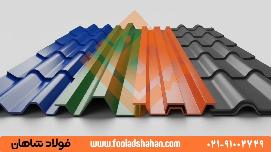 ورق کرکره رنگی چیست؟ راهنمای جامع انتخاب و خرید 7 مقایسه چهار نوع اصلی فرمینگ ورق رنگی: سینوسی، ذوزنقه، شادولاین و طرح سفال.
