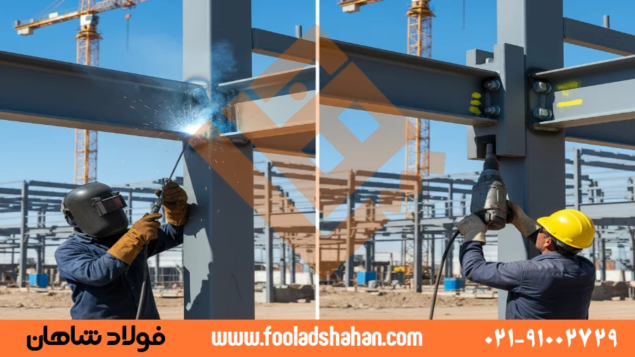 تیرآهن چیست؟ جامعترین راهنمای انواع، کاربردها و استانداردهای کلیدی 6 مقایسه تصویری یک اتصال جوشی و یک اتصال پیچی