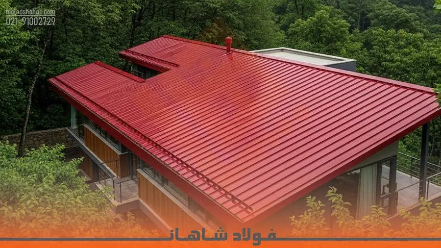 نصب ورق شیروانی رنگی قرمز روی سقف ویلا در شمال کشور