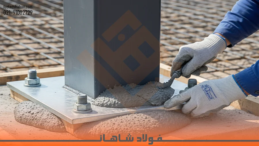 کارگران در حال ریختن گروت سیمانی زیر بیس پلیت ستون ساختمانی