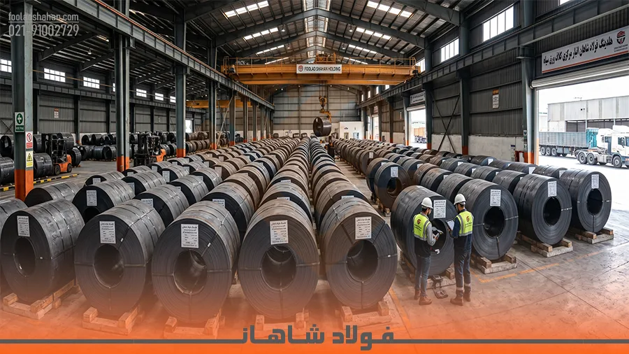 رول‌های کلاف ورق سیاه در انبار فولاد شاهان