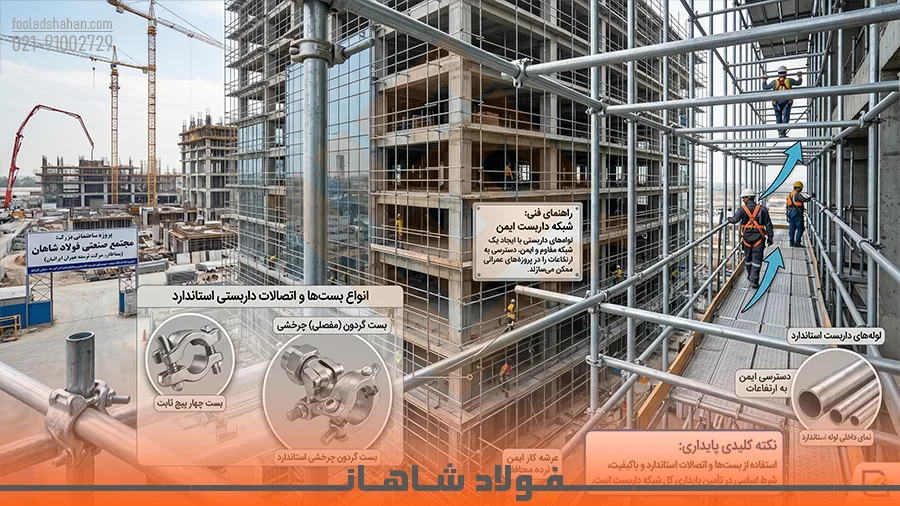 انواع بست‌ها و اتصالات داربستی شامل بست چهار پیچ و بست گردون
