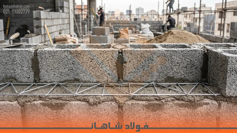 نمای نزدیک از میلگرد بستر قرار گرفته در میان ملات و رج‌های بلوک سیمانی برای مقاوم‌سازی دیوار در برابر زلزله