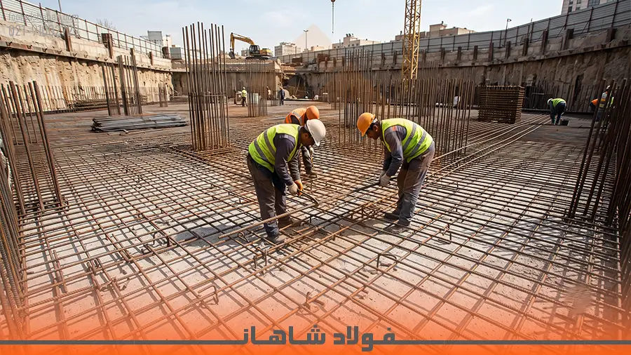 آرماتوربندی فونداسیون گسترده ساختمان با استفاده از شبکه میلگرد آجدار استاندارد و خرک‌های تقویتی