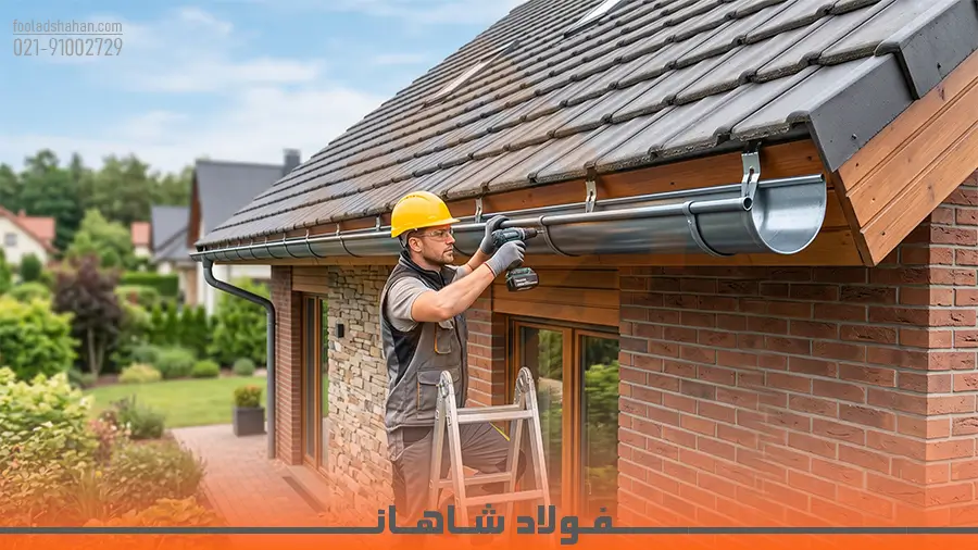 نصب دقیق ابرو گالوانیزه ضخیم در لبه سقف شیب‌دار ویلا برای هدایت آب باران
