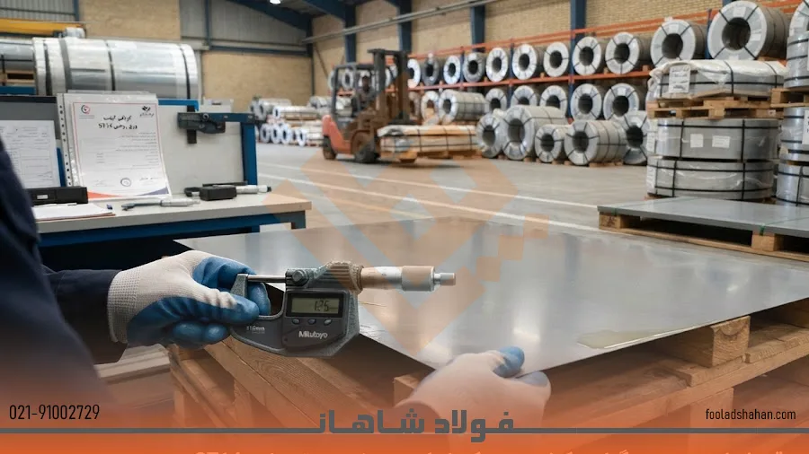 کنترل ضخامت و کیفیت ورق روغنی ST14 با میکرومتر در انبار فولاد شاهان