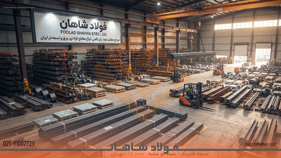 انبار بزرگ مقاطع فولادی شرکت فولاد شاهان با تنوع کامل محصولات
