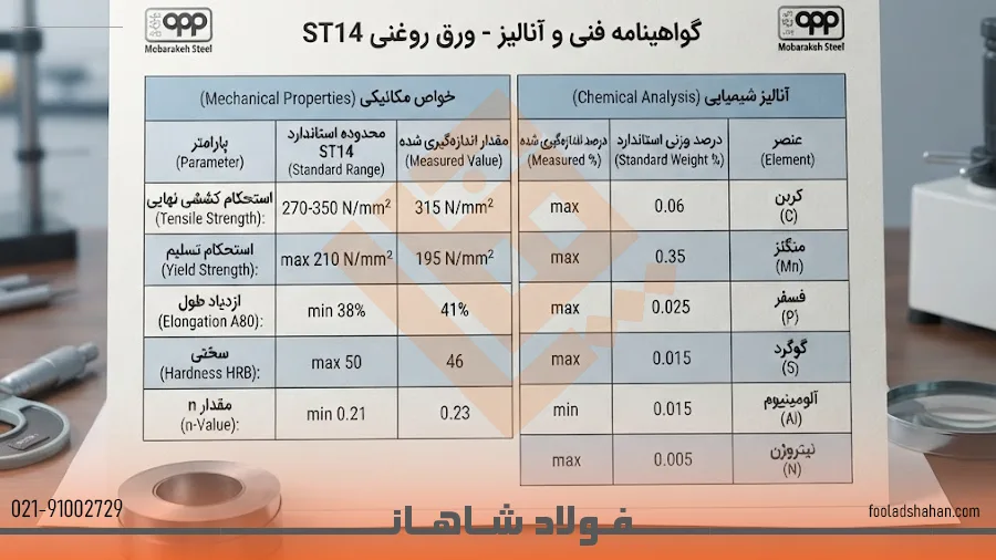 جدول مشخصات مکانیکی و شیمیایی ورق روغنی ST14 فولاد مبارکه ·