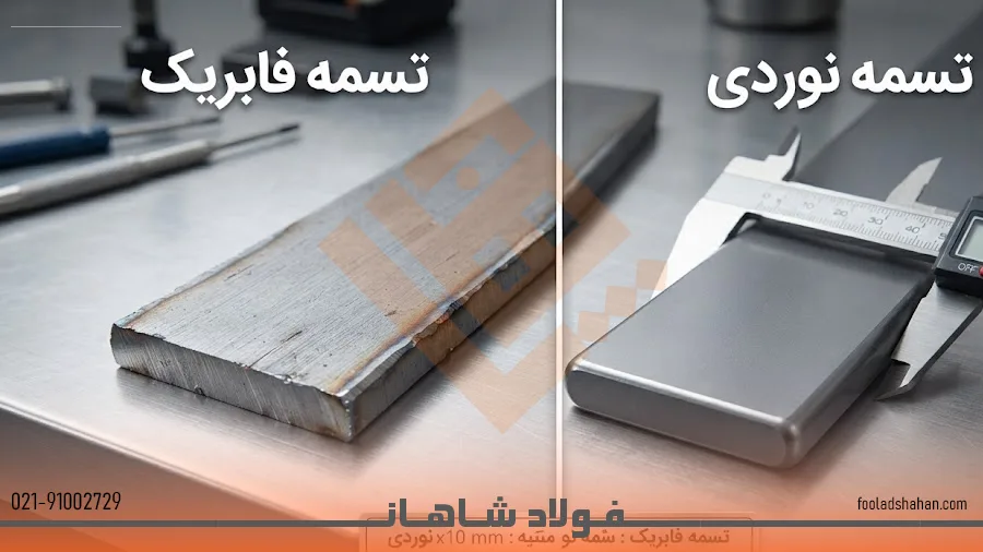 مقایسه ظاهری سطح و لبه‌های تسمه نوردی و تسمه فابریک در کنار هم