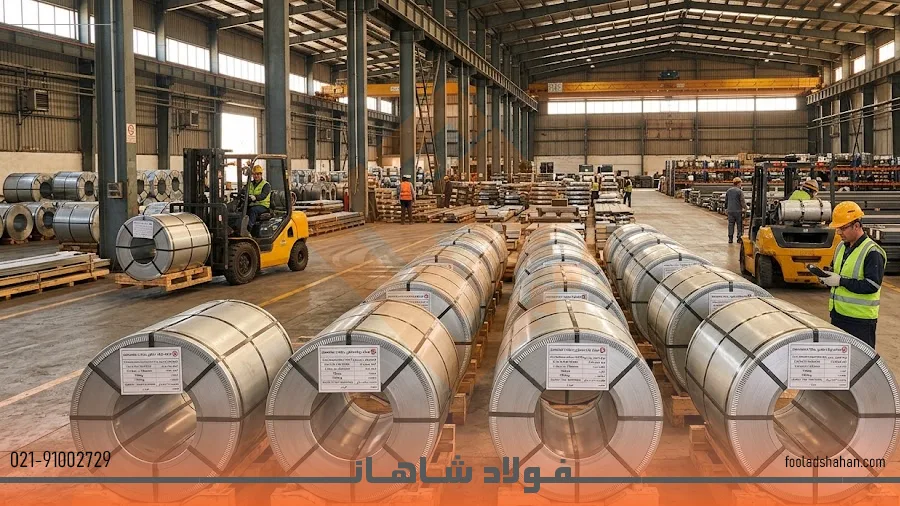 کویل‌های ورق روغنی ST14 آماده برای ارسال در انبار فولاد شاهان ·