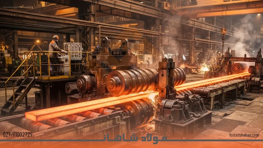 خط تولید تسمه نوردی در کارخانه با استفاده از فرآیند نورد گرم و غلتک‌های فشاری